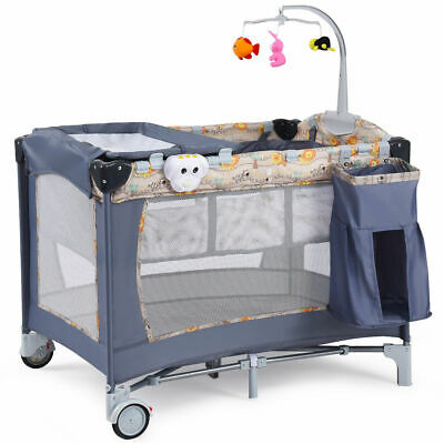 Foldable Baby Crib Playpen Playard Pack Travel Infant Bassinet Bed Music Gray - Deals Kiosk