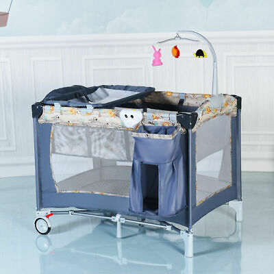 Foldable Baby Crib Playpen Playard Pack Travel Infant Bassinet Bed Music Gray - Deals Kiosk