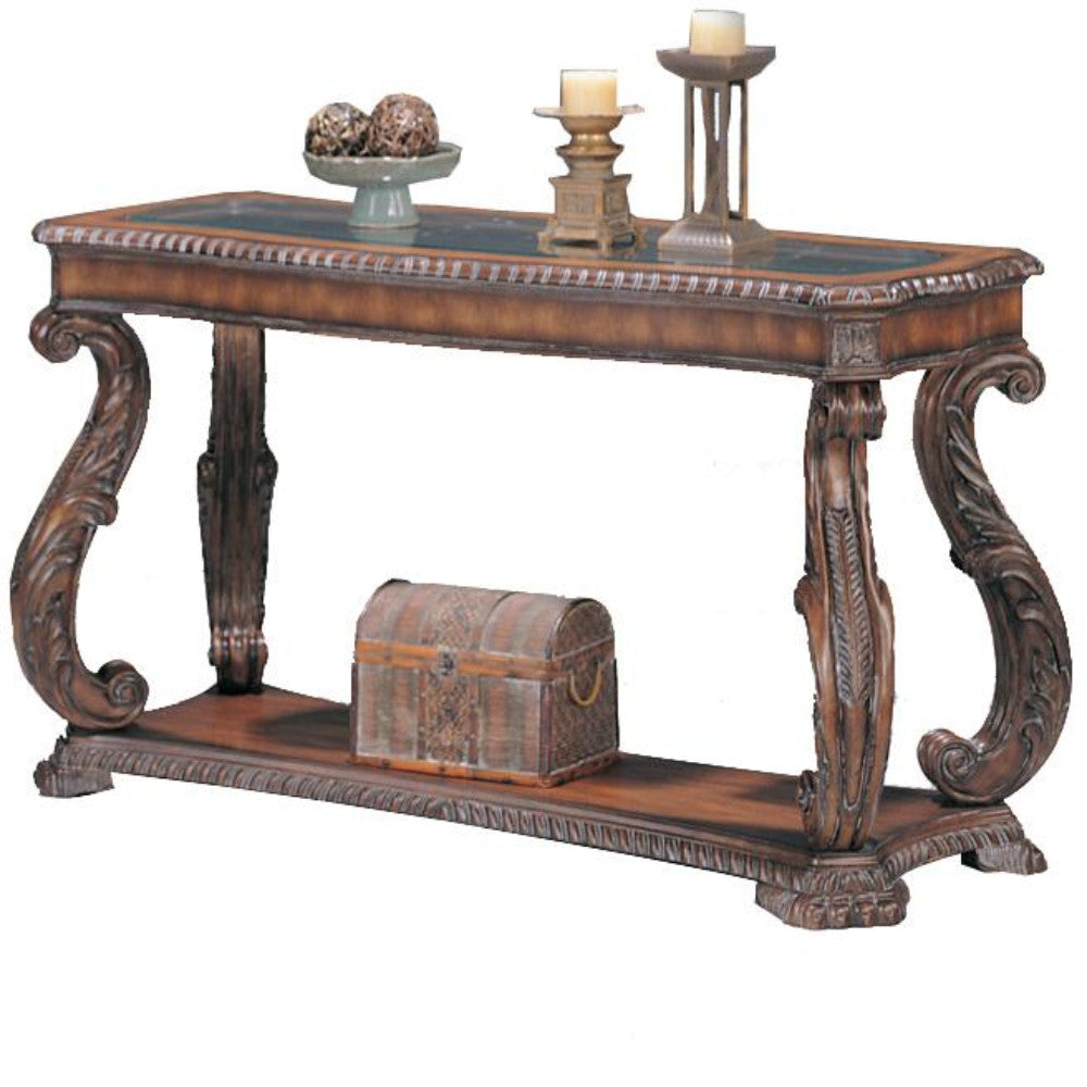 Wooden Traditional Sofa Table with Glass Inlay, Warm Brown - Deals Kiosk