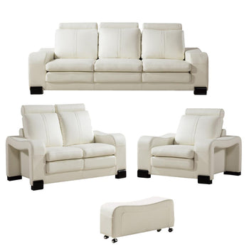 Faux Leather Upholstered Wooden Living Room Sofa and Ottoman, Set of Six , White - Deals Kiosk