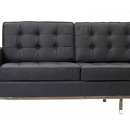 Steel Framed Leather Upholstered Three Seater Couch, Black And Silver - Deals Kiosk