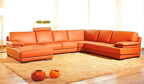 39" Orange Leather and Wood Sectional Sofa - Deals Kiosk