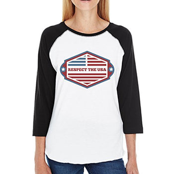 Respect The USA Womens Black Baseball Shirt 3/4 Sleeve Crew Neck - Deals Kiosk