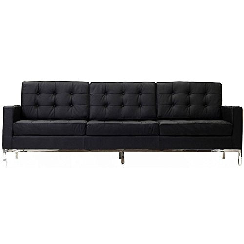 Steel Framed Leather Upholstered Three Seater Couch, Black And Silver - Deals Kiosk