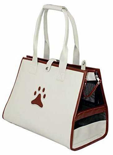 PET LIFE Posh Paw' Designer Fashion Travel Folding Pet Dog Carrier, One Size, White/Brown Paw Print - Deals Kiosk