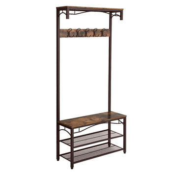Metal Framed Coat Rack with Wooden Bench and Two Mesh Shelves, Brown and Black - Deals Kiosk