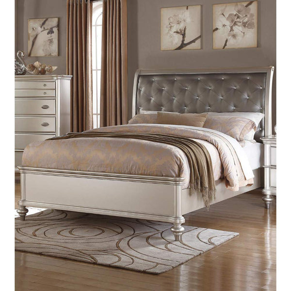 Wooden E.King Bed With Silver PU Tufted HB, Shinny Silver Finish - Deals Kiosk