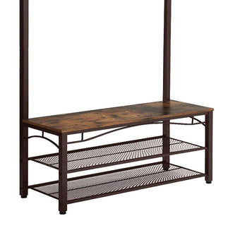 Metal Framed Coat Rack with Wooden Bench and Two Mesh Shelves, Brown and Black - Deals Kiosk