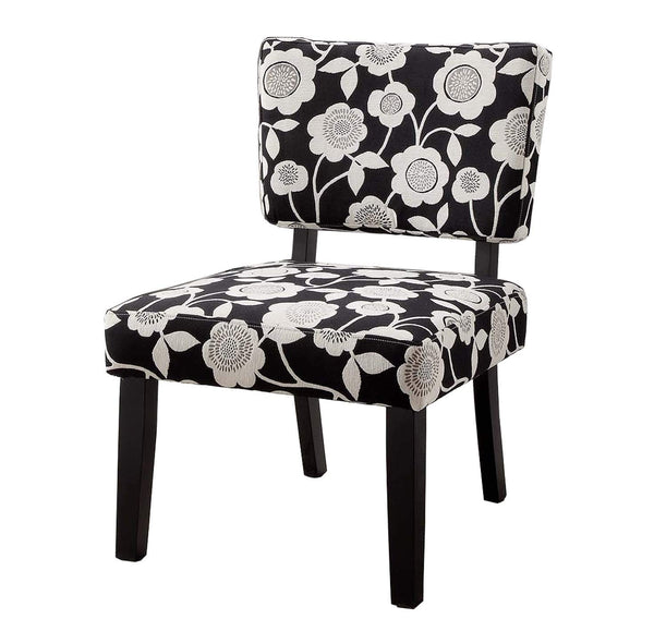 Wooden Accent Chair with Floral Motif Fabric Upholstery, Black - Deals Kiosk