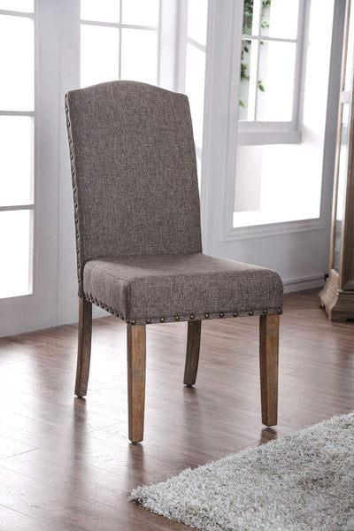 Fabric Upholstered Solid Wood Side Chair with Nail head Trims , Brown and Gray, Pack of Two - Deals Kiosk
