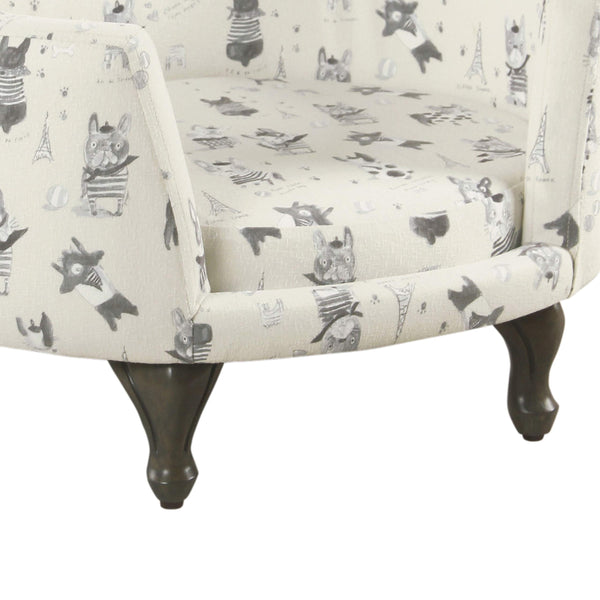 Wooden Pet Bed with French Bulldog Print Fabric Upholstery, Cream and Gray - Deals Kiosk