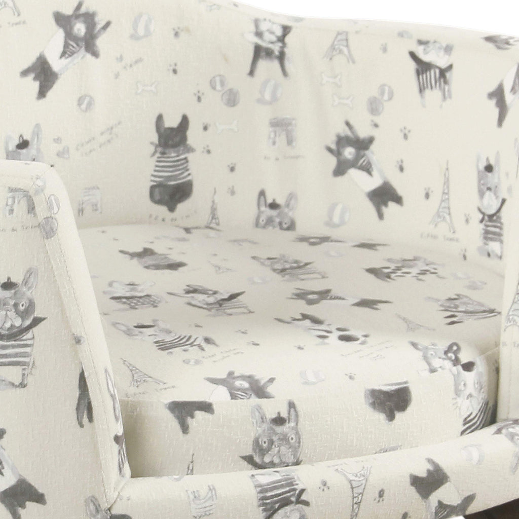 Wooden Pet Bed with French Bulldog Print Fabric Upholstery, Cream and Gray - Deals Kiosk