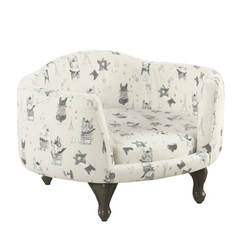 Wooden Pet Bed with French Bulldog Print Fabric Upholstery, Cream and Gray - Deals Kiosk