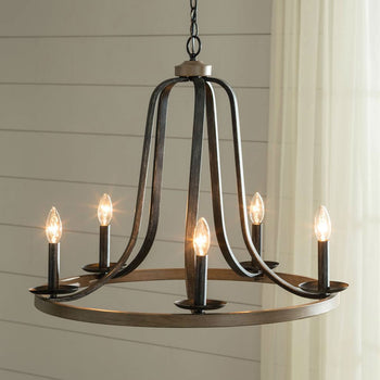Rustic 5 Light Dimmable Farm Home Circle Metal Chandelier Oak Finish - Deals Kiosk
