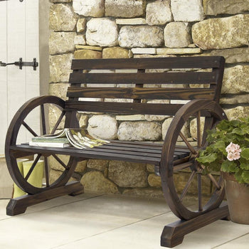 2 Person Farmhouse Wagon Wheel Wooden Bench - Deals Kiosk