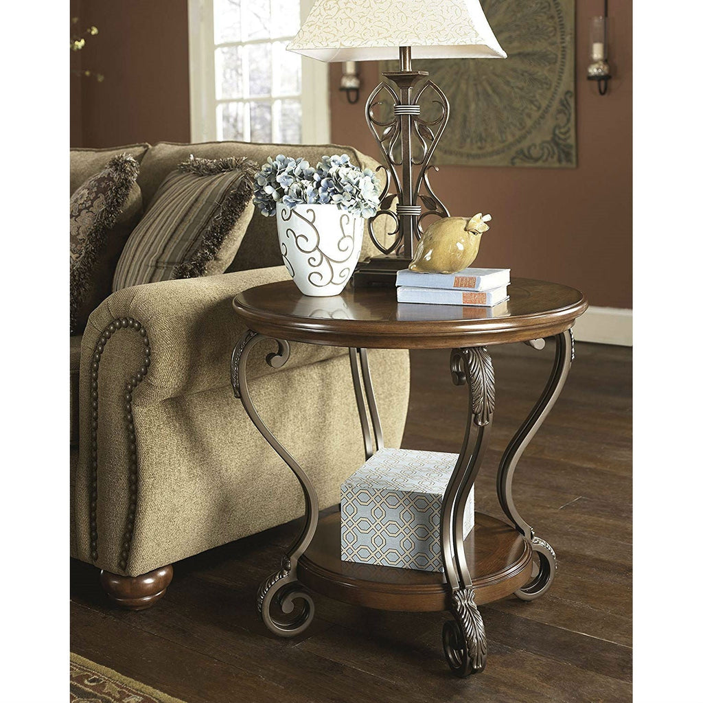 Accent End Table Nightstand in Brown Wood with Scrolling Metal Legs - Deals Kiosk