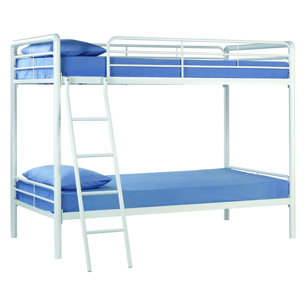 Twin over Twin Bunk Bed with Ladder in White Metal Finish - Deals Kiosk