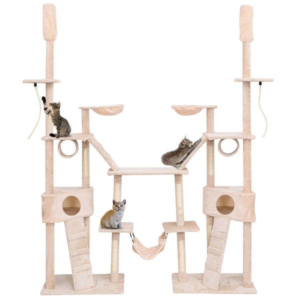 Beige 102 Inch Supreme Cat Play Condo Scratching Posts Cat Tree with Ladder Hammock