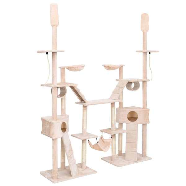 Beige 102 Inch Supreme Cat Play Condo Scratching Posts Cat Tree with Ladder Hammock - Deals Kiosk