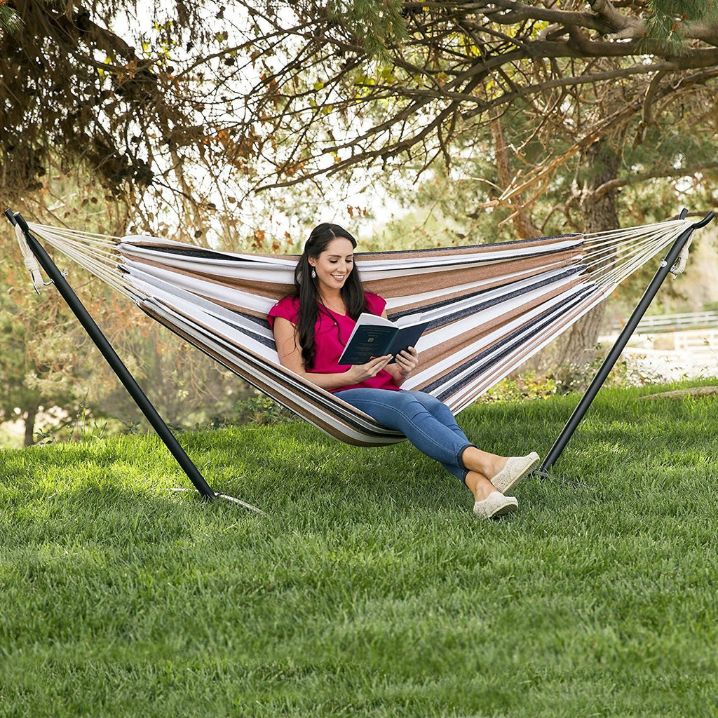 Portable Cotton Hammock in Desert Strip with Metal Stand and Carry Case - Deals Kiosk