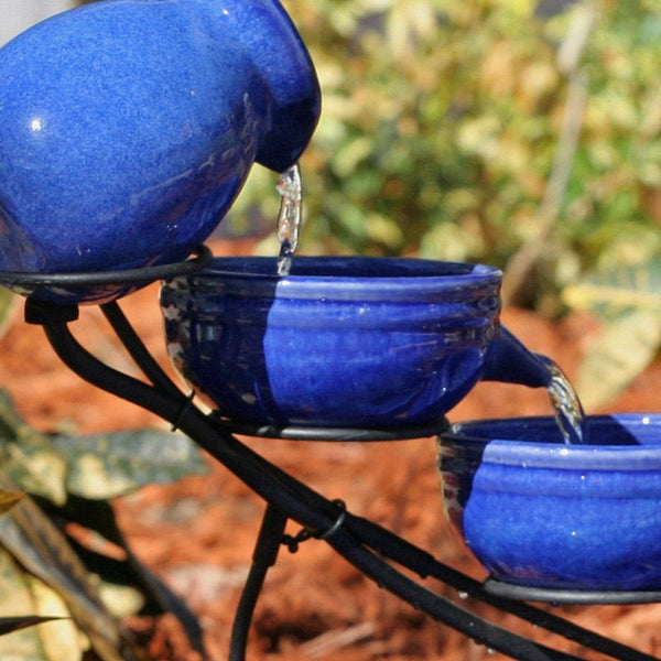 Blue Ceramic Outdoor Cascading Fountain Bird Bath with Solar Pump - Deals Kiosk