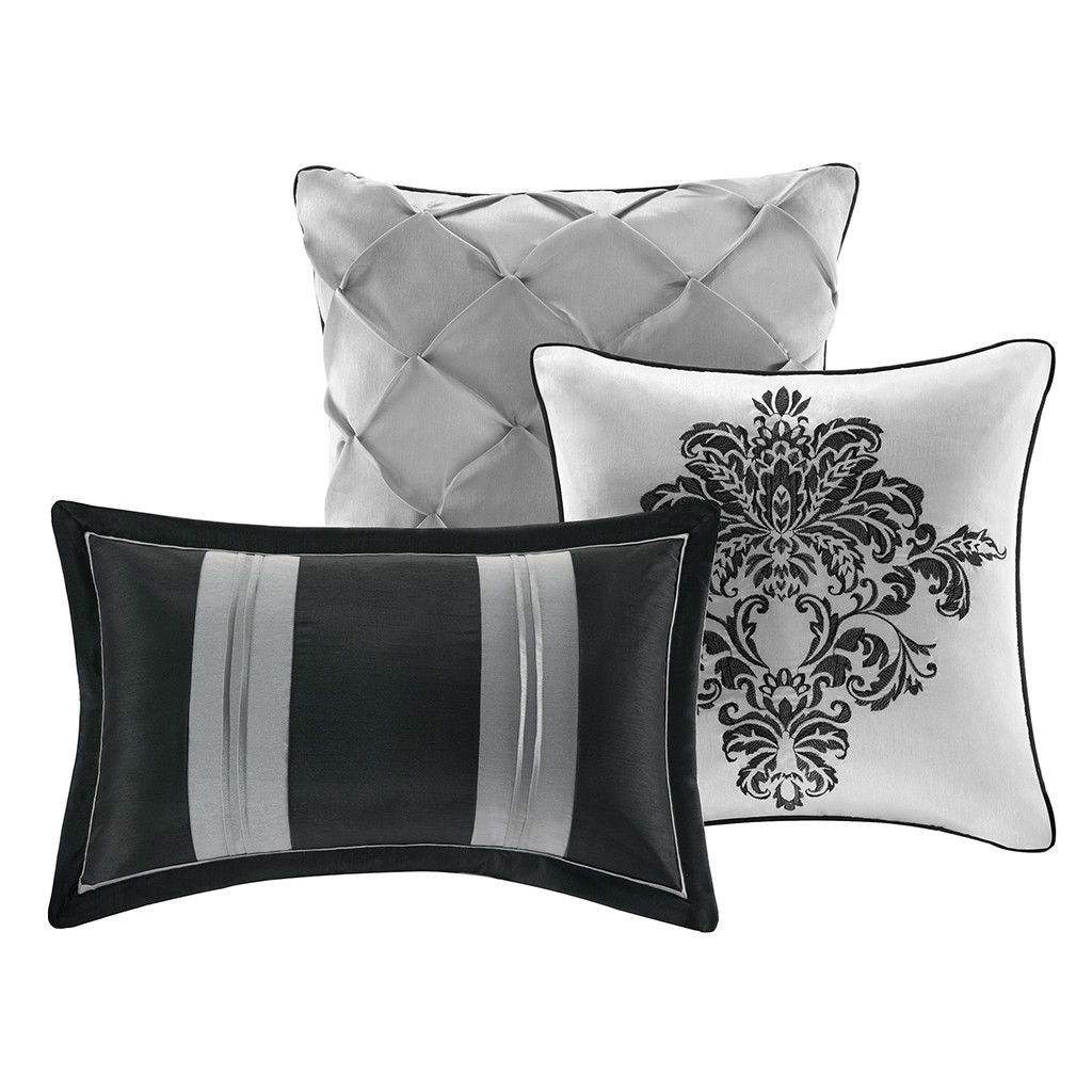 King size 7-Piece Comforter Set with Black Grey Damask Pattern - Deals Kiosk