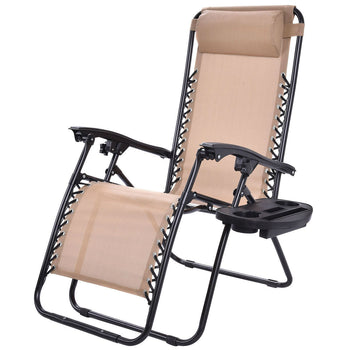 Set of 2 Beige Folding Outdoor Zero Gravity Lounge Chair Recliner - Deals Kiosk