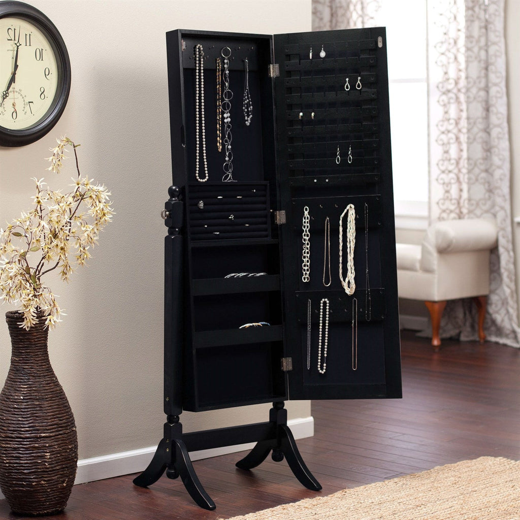 Full Length Tilting Cheval Mirror Jewelry Armoire in Black Wood Finish - Deals Kiosk