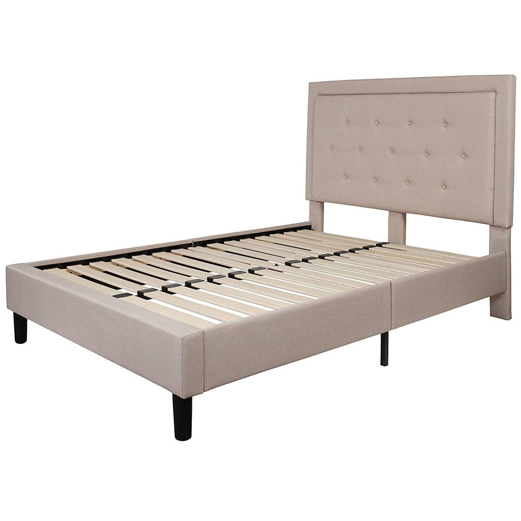 Full Beige Fabric Upholstered Platform Bed Frame with Tufted Headboard - Deals Kiosk