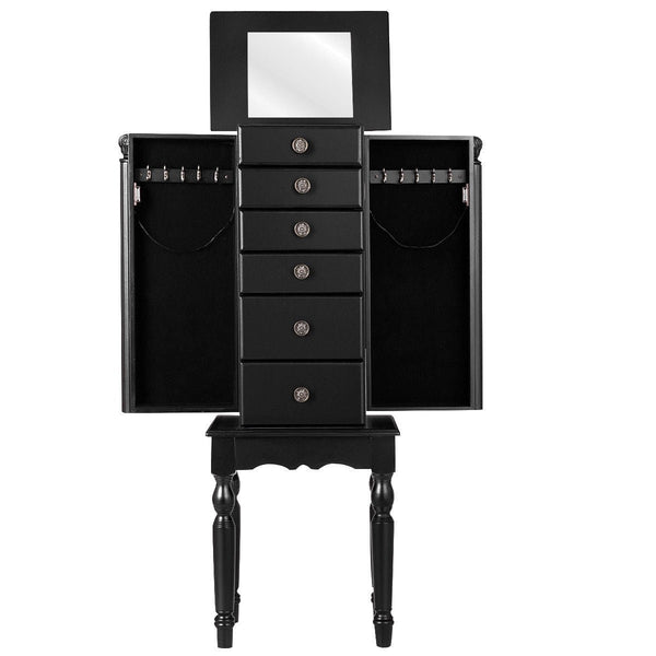 Black Wood Jewelry Armoire 6-Drawer Storage Chest with Mirror - Deals Kiosk