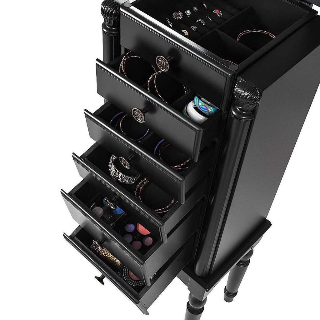 Black Wood Jewelry Armoire 6-Drawer Storage Chest with Mirror - Deals Kiosk