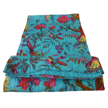 King size Blue Floral Birds Cotton Quilt Blanket Bedspread