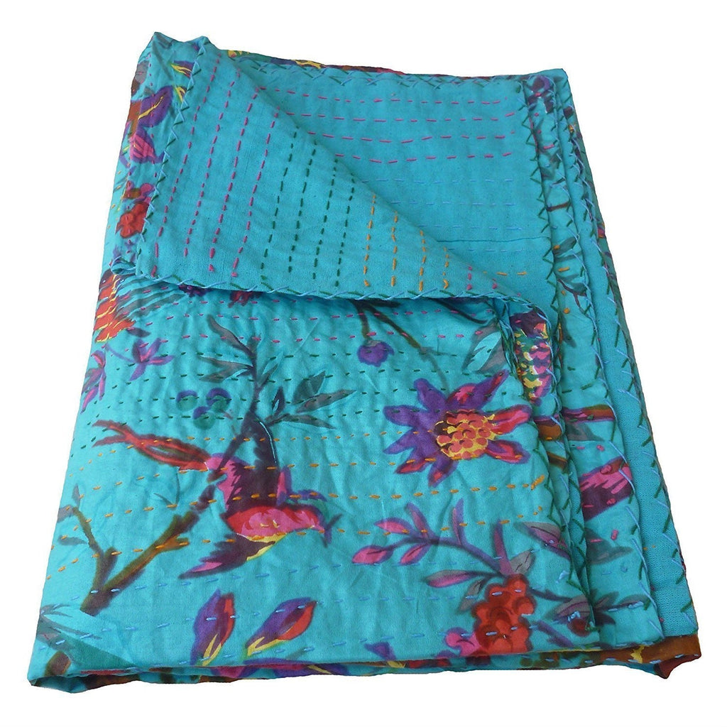 King size Blue Floral Birds Cotton Quilt Blanket Bedspread - Deals Kiosk