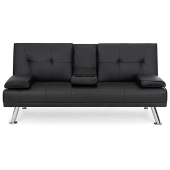 Black Faux Leather Convertible Sofa Futon with 2 Cup Holders