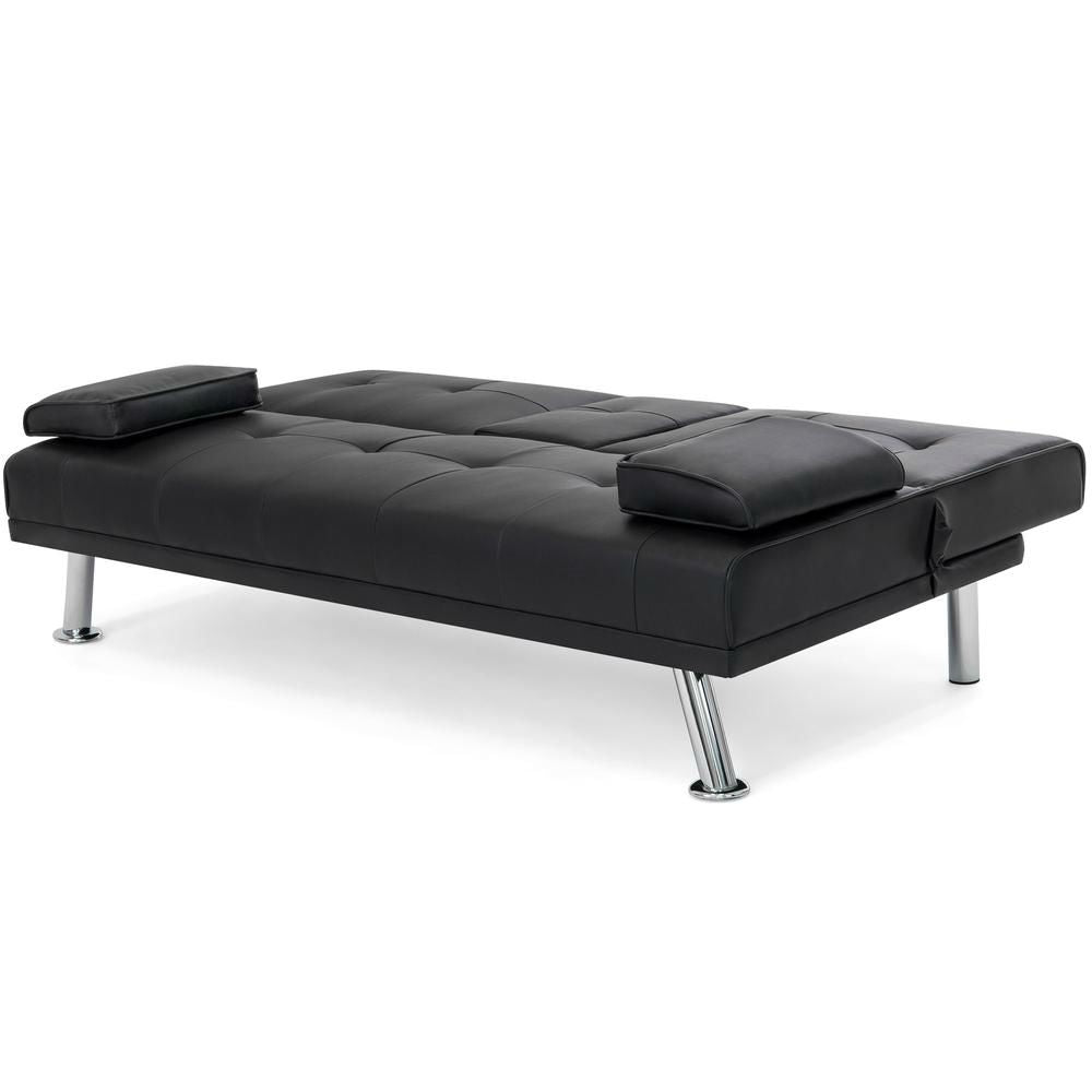 Black Faux Leather Convertible Sofa Futon with 2 Cup Holders - Deals Kiosk