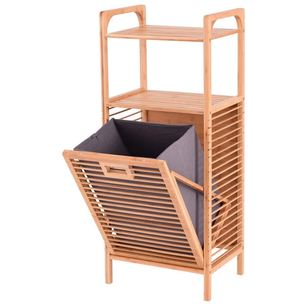 Bamboo 2-in-1 Laundry Hamper Side Table with 2 Shelves and Clothes Basket - Deals Kiosk