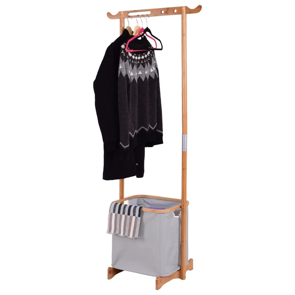 Bamboo Frame Laundry Hamper Basket with Garment Rack Clothes Hanger