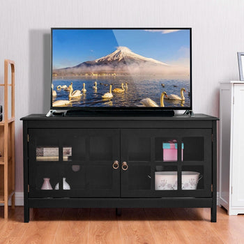 Black Wood Entertainment Center TV Stand with Glass Panel Doors - Deals Kiosk