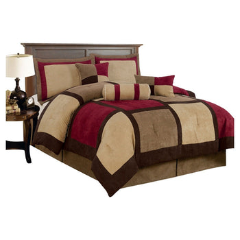 King size 7-Piece Bed Bag Patchwork Comforter Set in Brown Burgundy Red - Deals Kiosk
