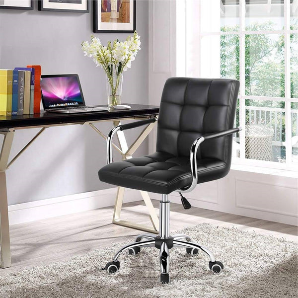 Modern Mid-Back Black Faux Leather Office Chair with Removable Arms - Deals Kiosk