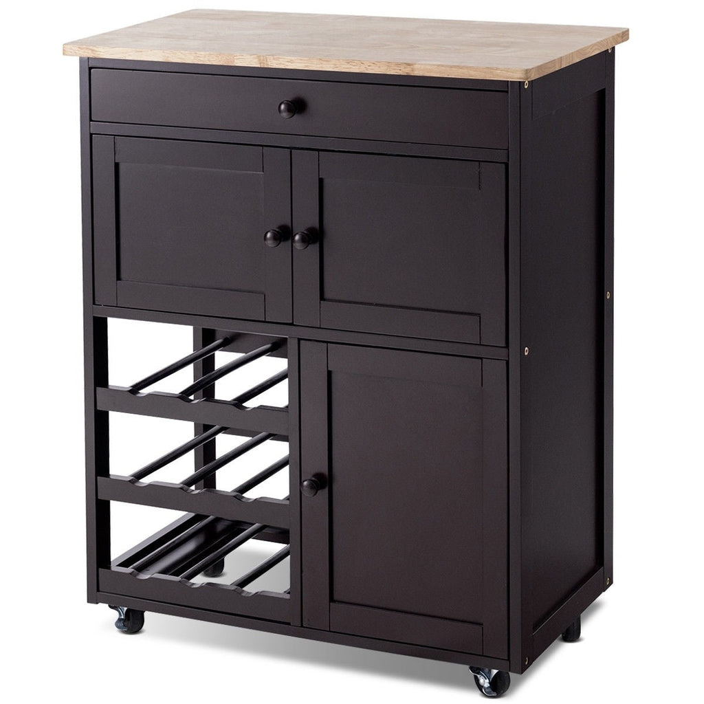 Brown Wood Mobile Kitchen Island Cart Cabinet with Wine Rack and Drawer - Deals Kiosk