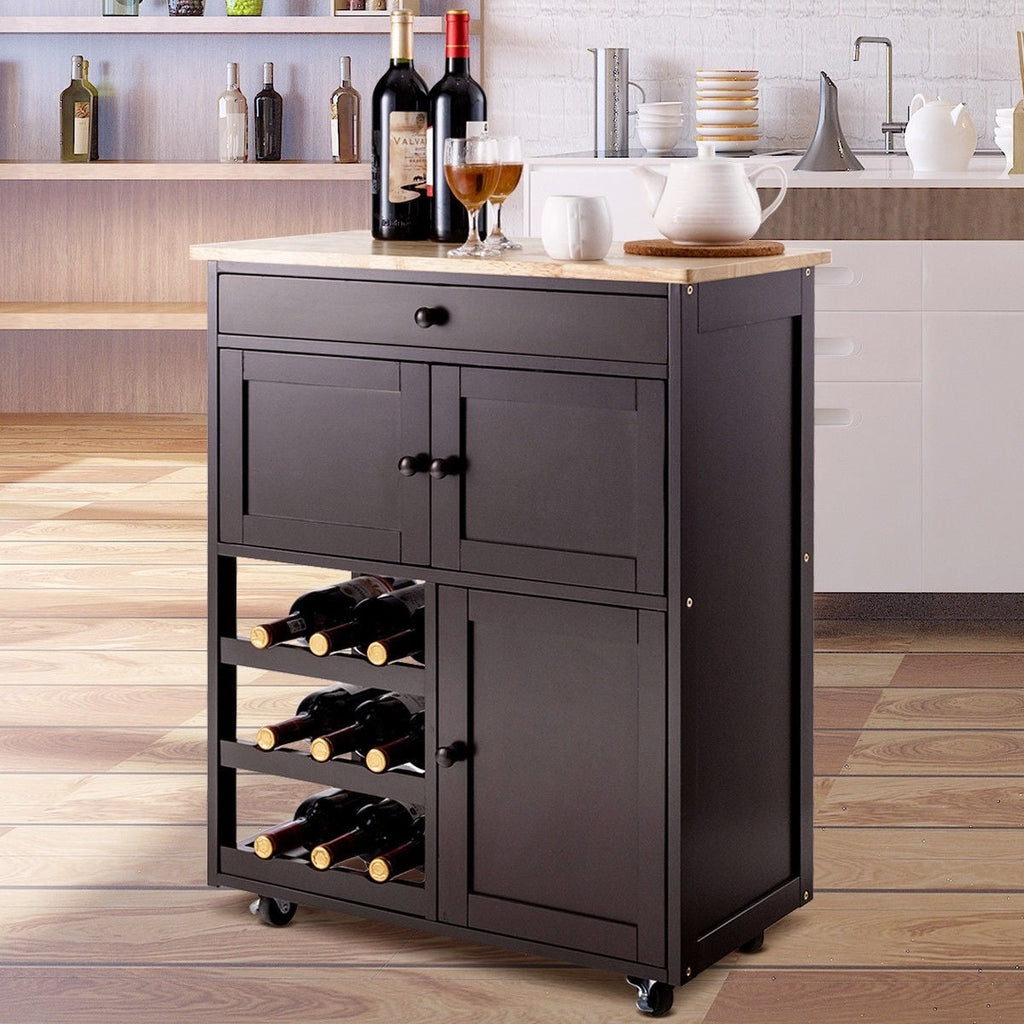 Brown Wood Mobile Kitchen Island Cart Cabinet with Wine Rack and Drawer - Deals Kiosk