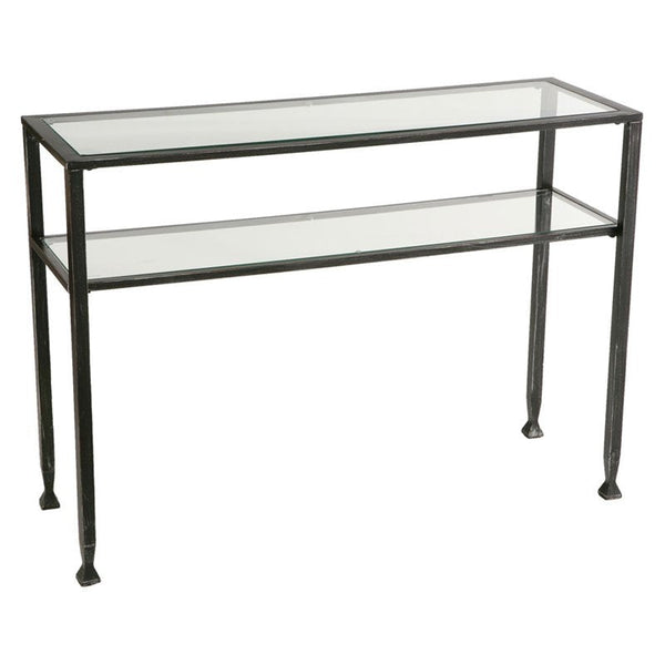 Black Metal Console Sofa Table with Glass Top and Shelves - Deals Kiosk