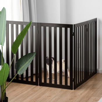 Folding 4-Panel Dog Gate Pet Fence in Brown Wood Finish - Deals Kiosk