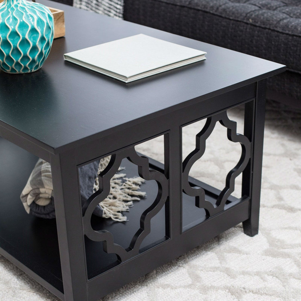 Black Quatrefoil Coffee Table with Solid Birch Wood Frame - Deals Kiosk