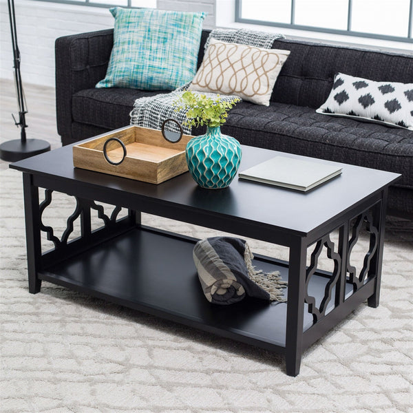 Black Quatrefoil Coffee Table with Solid Birch Wood Frame - Deals Kiosk