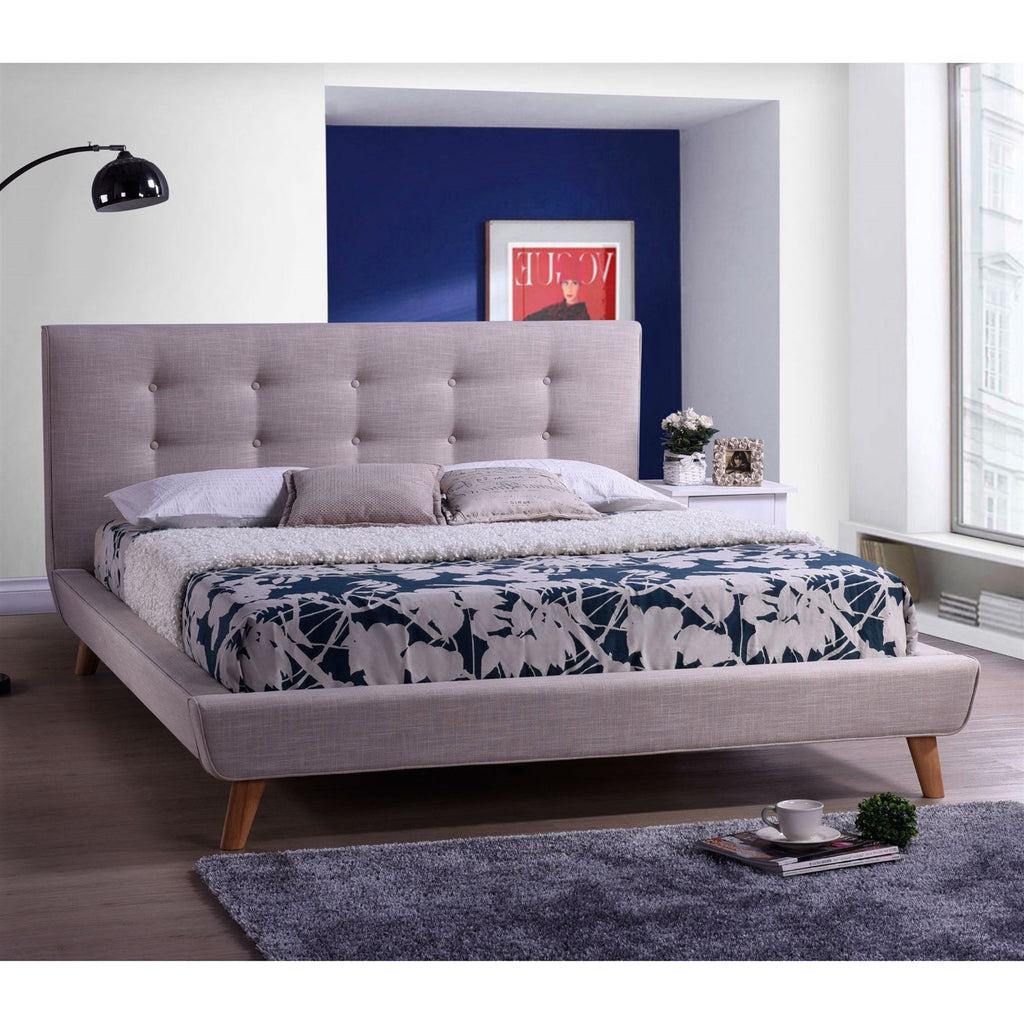 Queen size Modern Beige Linen Upholstered Platform Bed with Button Tufted Headboard - Deals Kiosk