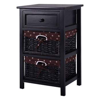 Black Wood 1-Drawer End Table Nightstand with 2 Storage Baskets - Deals Kiosk