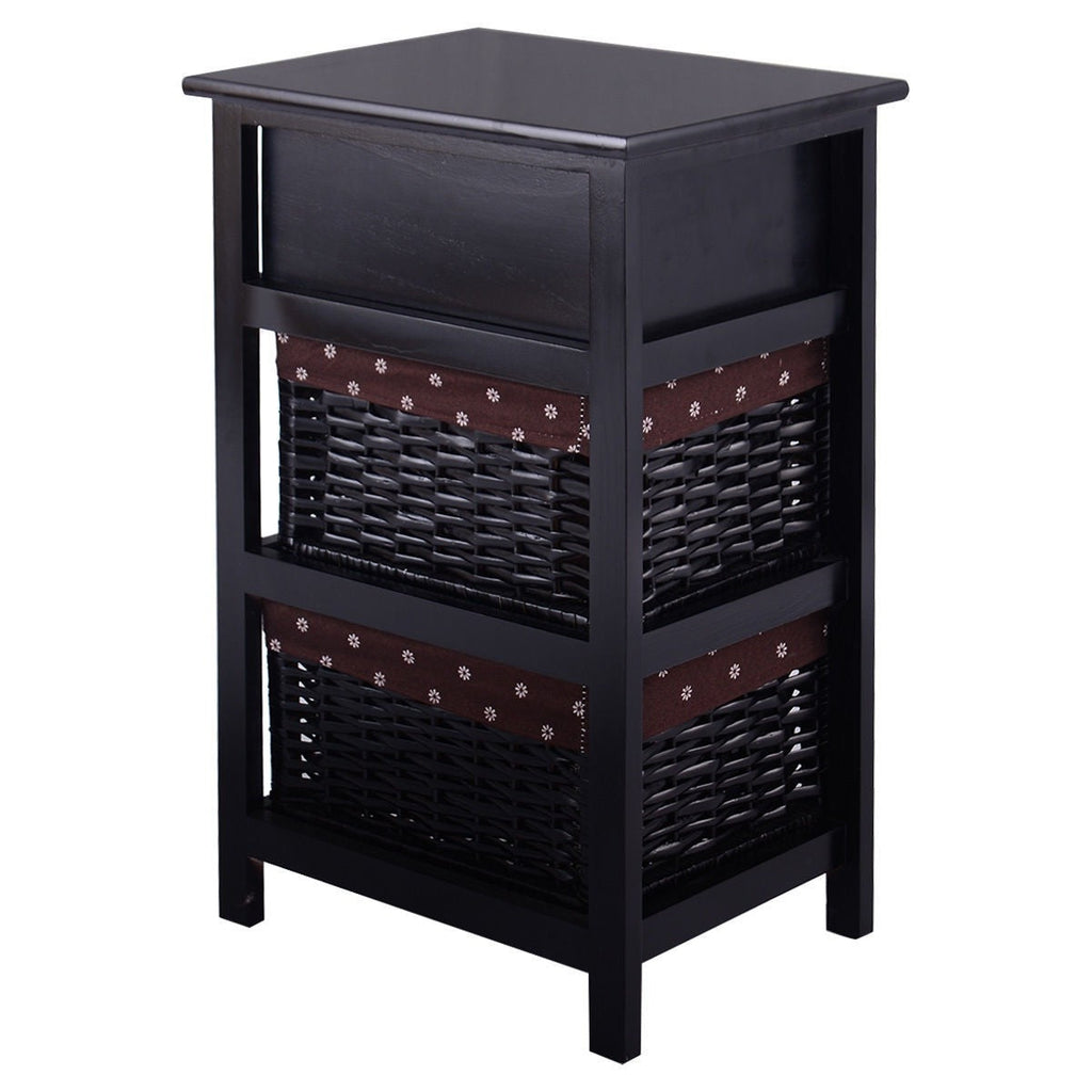 Black Wood 1-Drawer End Table Nightstand with 2 Storage Baskets - Deals Kiosk