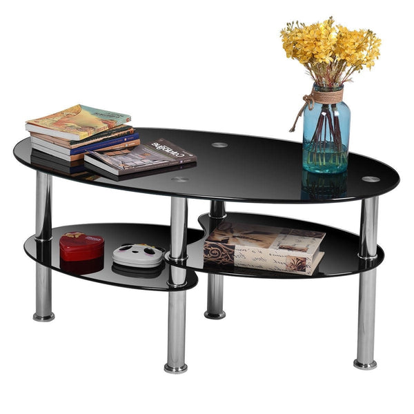 Modern Black Tempered Glass Coffee Table with Bottom Shelf - Deals Kiosk